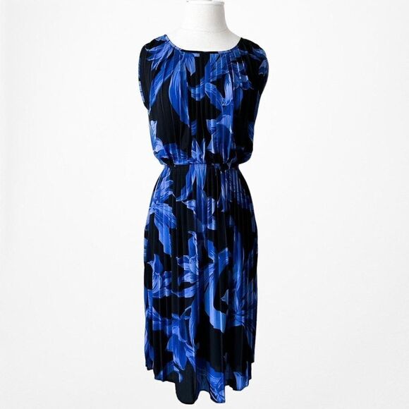 Vintage Y2K Ann Taylor Blue Black Pleated Flared Knee Length Dress Size M - Picture 3 of 6